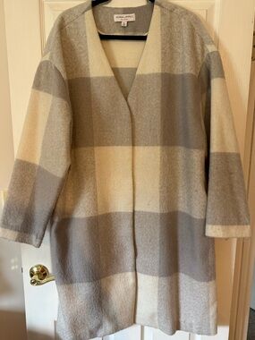 Adam Lippes For Target Cream and Gray Plaid Wool-Blend Coat Cardigan